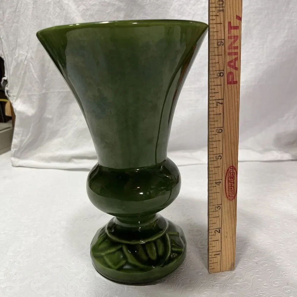 Vintage Mid Century Haeger Art Pottery Avocado Green Pedestal Ceramic Vase 9.5in